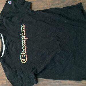 Champion black tshirt with rainbow pattern letters